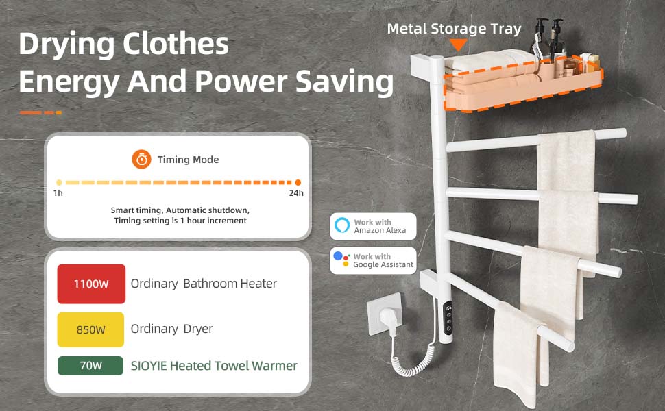 SIOYIE Smart Rotating Heated Towel Rack For Bathroom, Wall-Mounted Electric Towel Dryer With Swivel Bars & Shelf, Smart Timer, Low Carbon Steel, Plug-in/Hardwired, Towel Warmer With Wi-Fi App Control_voghion.com